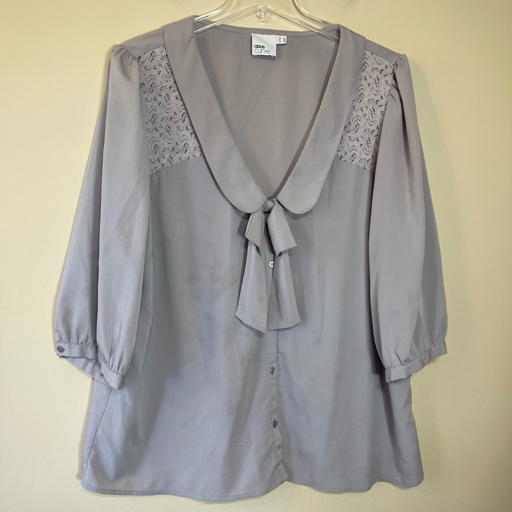 ASOS Curve Lavender Grey Lace Trim Tie Neck Button Up Blouse Plus Size US 20